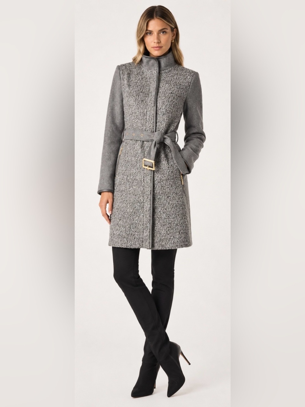 Vince Camuto Gray Wool Blend Belted Coat Faux Leather Trim Women’s Small